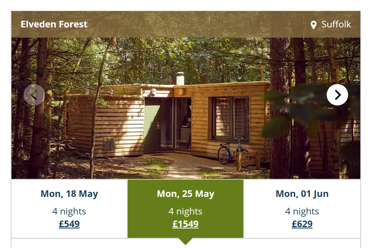 Screenshot of Centre Parcs showing a cabin during one week costing £1549 compared to £549 the previous week