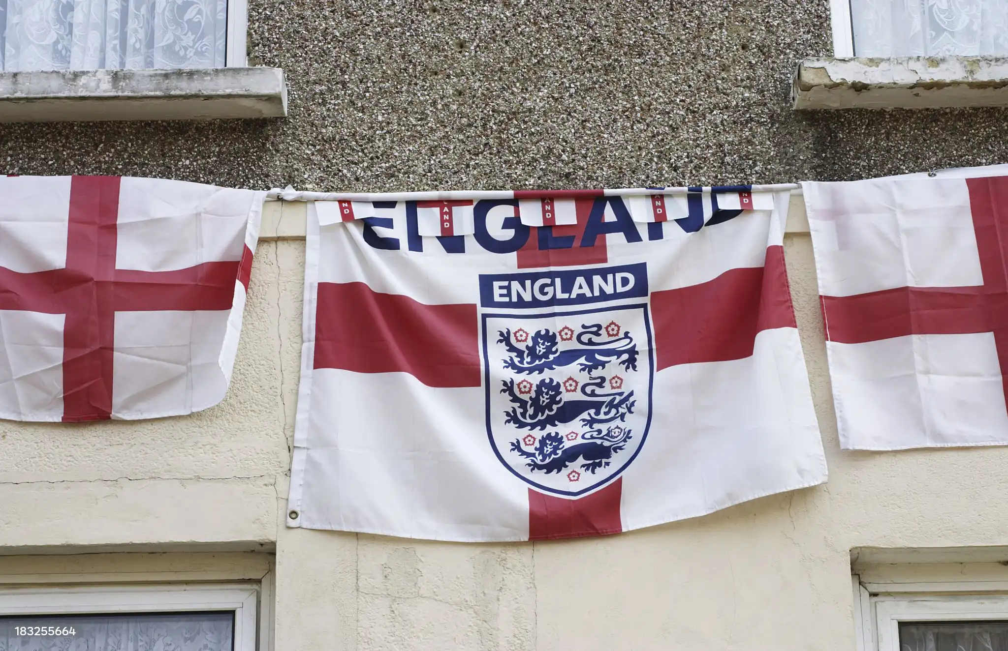 England flags strung along a house